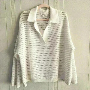 Haven Well Within White Organic Cotton Crochet Cropped Polo Sweater Size…